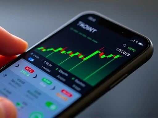 Close-up shot of a smartphone displaying stock trading app interface with rising green candles and detailed financial data, highlighting digital tools for young investors.