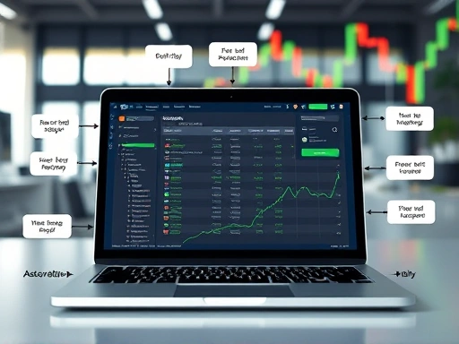 A detailed visual representation of the stock screening tool development process, showing data flow, coding, and user interface design on a laptop screen, with financial charts in the background, in a modern office setting. Focus on technology and analysis.