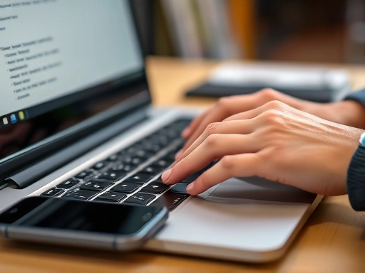 Close-up of a student's hands typing on a laptop keyboard, a smartphone next to it, with blurred background, representing focused online work.