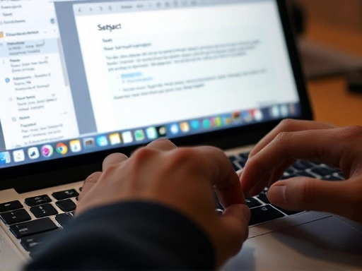 A close-up shot of a hand typing on a keyboard, with an open email draft visible on the screen, showing specific sections like 