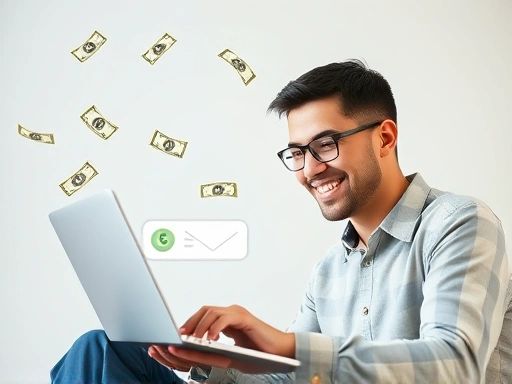 A person happily checking their laptop with an email icon on the screen, surrounded by flying money symbols, representing successful recurring revenue from a mailing service. The scene is bright and professional, showing digital income.