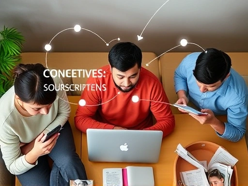 A creative person sending a paid newsletter from a laptop, surrounded by diverse subscribers reading on various devices, illustrating connection and valuable content, with a clear focus on digital subscriptions.