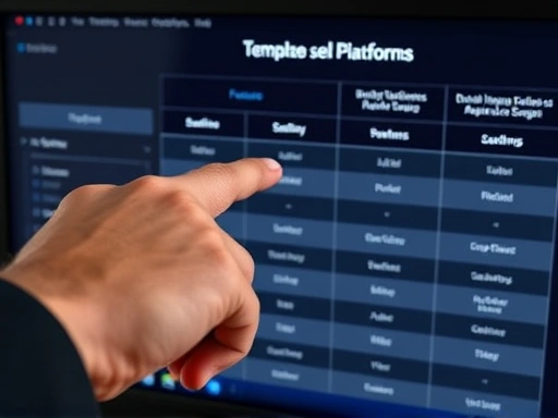 Close-up of a hand pointing at a comparison table on a computer screen, showing different template selling platforms with their features, fees, and target audiences, symbolizing strategic decision-making.