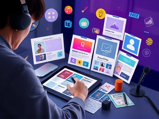 A creative person designing templates on a tablet with various design tools, surrounded by stylized digital assets and an aura of innovation, focusing on the process of creating digital products for sale.