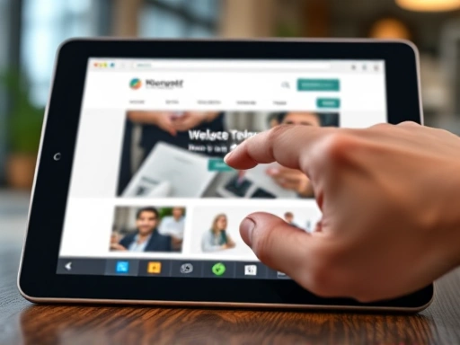 Close-up of a user's hand hovering over a mouse, pointing at a detailed preview of a website template within a marketplace interface on a tablet. The background shows a blurry but appealing office or creative studio setting, emphasizing the user's detailed examination of the template.