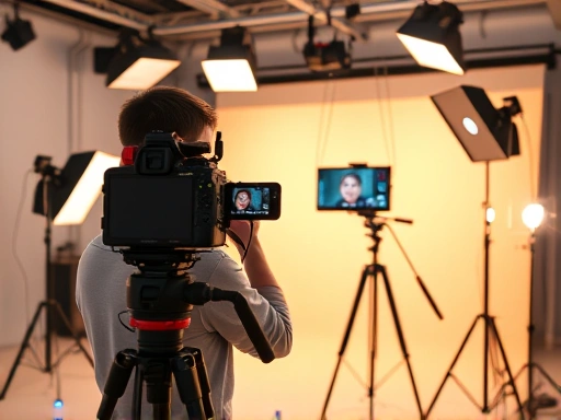 A professional young creator filming a TikTok video in a well-lit studio setup, surrounded by modern filming equipment, showcasing dedication and the process of content creation for earning money.