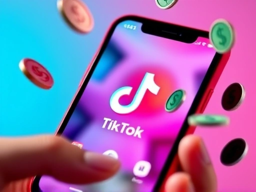 A vibrant close-up of a smartphone screen showing a popular TikTok short video playing, with abstract digital money symbols floating around, representing success and monetization for creators.
