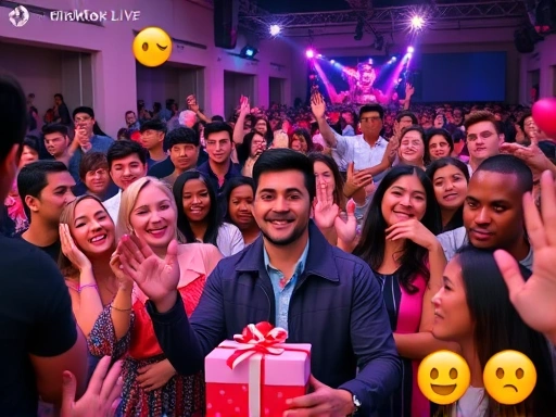 A vibrant TikTok Live stream with a diverse audience interacting with a charismatic male host, showing gifts popping up on screen, with a focus on engagement and community. Include elements like bright lights and emoji reactions.
