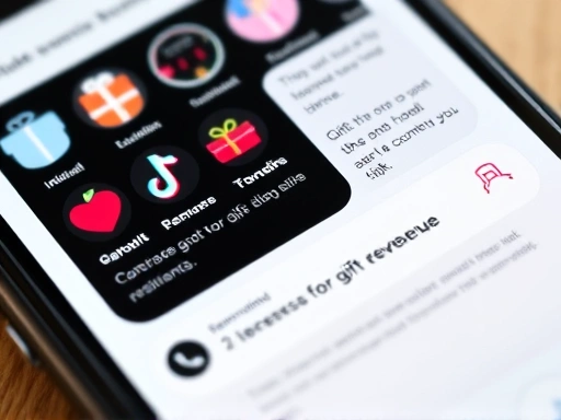 A close-up shot of a smartphone screen displaying a TikTok Live interface, showing various gift icons, a chat window with diverse comments, and a live counter, highlighting the interactive nature of gift revenue generation.