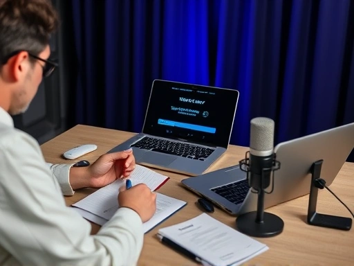 A person thoughtfully planning a live commerce show, surrounded by notes, a laptop, and a microphone, showing preparation for TMON Super Deal.