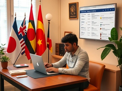 A person working on a laptop at a cozy desk, surrounded by international flags, with a digital interface showing a translation software, emphasizing efficiency and global connectivity for a side hustle.