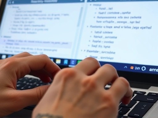 Close-up on hands typing on a keyboard, with a blurred screen displaying translated text and various language options, highlighting the detail-oriented work of reviewing machine translations.