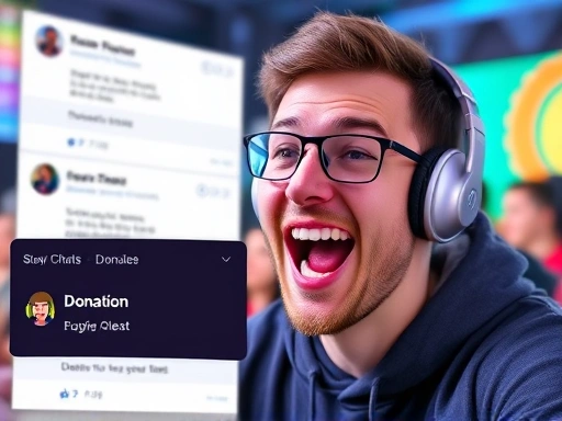A Twitch streamer excitedly interacting with chat, with a donation alert overlay on screen, colorful and energetic. Focus on the streamer's happy expression and engaging background.
