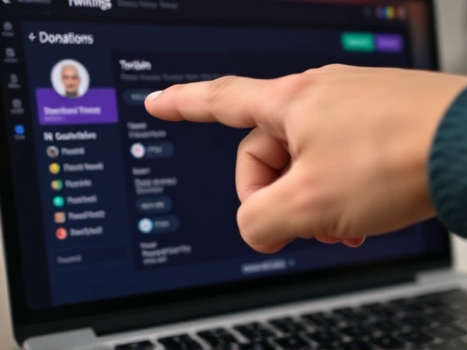 Close-up of a hand pointing at a laptop screen showing a Twitch dashboard with donation settings or a payment processing interface. Detailed and practical, suggesting financial management.