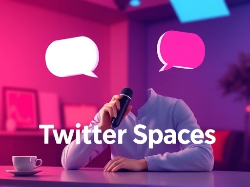 A vibrant, dynamic image of a person hosting a talk show on Twitter Spaces, with a microphone and speech bubbles representing conversation, set against a modern, digital background, emphasizing live interaction and community engagement.