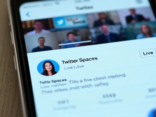 A close-up shot of a smartphone screen showing the Twitter Spaces interface during a live talk show, with speaker profiles, real-time engagement icons, and a clear 