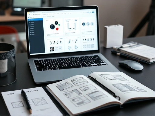 A focused shot of a UI/UX designer's desk, showcasing a laptop displaying a well-structured design portfolio with wireframes and mockups, and a notebook with concept sketches. Emphasize professionalism and creativity in UI/UX design and portfolio creation.