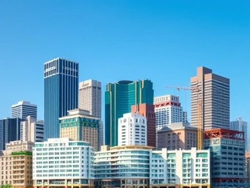 A detailed image showing a diverse portfolio of modern US commercial buildings and residential complexes, symbolizing real estate investment trusts (REITs) and dollar asset diversification, with a clear blue sky. Focus on high-rise office buildings, apartment complexes, shopping centers, and logistics warehouses. The image should convey stability and growth in US real estate.
