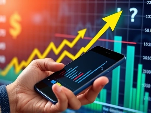 A close-up of a digital financial chart overlaid with dollar signs and upward trending arrows, symbolizing investment growth in US REITs and a secure dollar asset portfolio. Include elements like a hand holding a smartphone with a stock trading app, highlighting the ease of investment and potential for stable income. The image should be clean and professional.