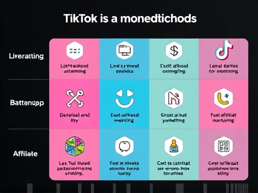 A detailed visual representation of various TikTok monetization methods, including icons for live streaming, brand partnerships, and affiliate marketing, presented as a clear and organized chart or infographic.