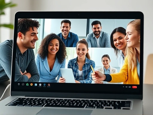 A close-up of diverse individuals collaborating virtually on a laptop screen, showing a team meeting in progress, emphasizing communication and teamwork among remote virtual assistants and their clients.