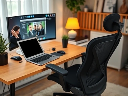 A focused shot of a well-organized home office setup for a virtual assistant, with a laptop, monitor, keyboard, and ergonomic chair, emphasizing productivity and comfort in a remote work environment.