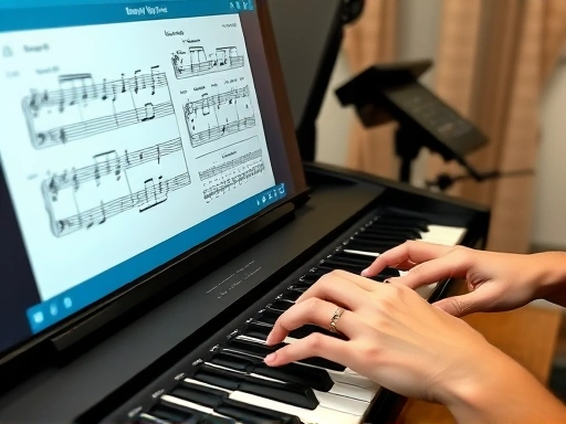 Close-up of a dual-screen setup for an online piano lesson, one screen showing the teacher's hands on the keyboard, the other showing sheet music or a shared document, with musical notes and a metronome icon, illustrating effective virtual piano teaching methods and technology.