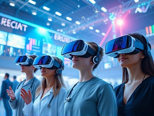 A futuristic image showing diverse applications of VR content in various industries like education, healthcare, and entertainment, with people wearing sleek VR headsets interacting with virtual environments, incorporating elements of innovation and progress.