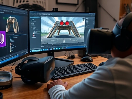 A close-up shot of a VR content creator's desk, showing a high-performance computer with Unity or Unreal Engine open, 3D modeling software, and a VR headset, emphasizing the technical tools and creative process involved in VR content production.