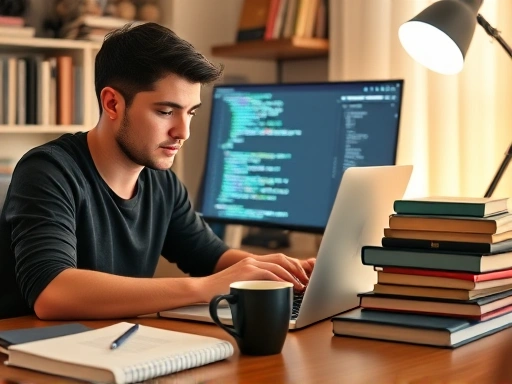 A person intently coding on a laptop, surrounded by web development books and a cup of coffee, showcasing a focused and productive home office setup for a side hustle. The scene is well-lit and organized, implying efficiency and dedication.