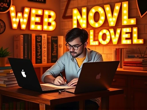 A person writing passionately on a laptop, surrounded by glowing web novel titles, in a cozy, creative home office setting, illustrating the dream of becoming a web novel author and achieving success. Focus on inspiration and the creative process.