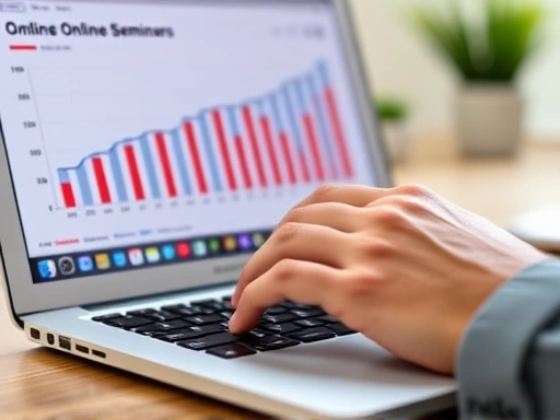 A close-up shot of a hand using a laptop, showing a financial graph and revenue figures, symbolizing monetization and strategic financial planning for online seminars.