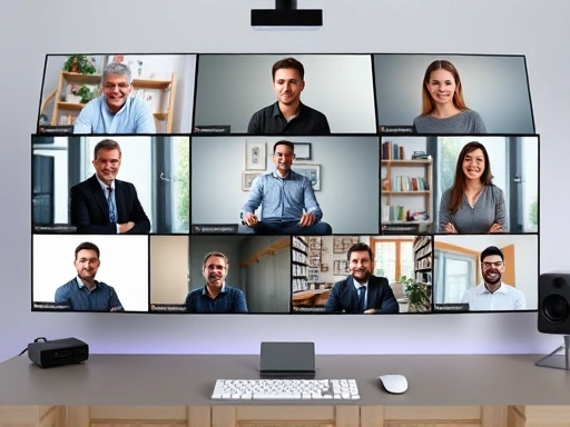A professional, organized web seminar interface with diverse participants engaging on screens, representing effective online learning and collaboration platforms.