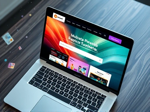 A dynamic, high-angle shot of a website template marketplace homepage on a laptop screen, with various vibrant template previews, a search bar, and small abstract digital elements floating around to represent data and creativity. Focus on a modern, clean UI, illustrating the concept of a digital platform for template exchange.