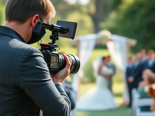 A professional wedding videographer discreetly filming a beautiful outdoor wedding ceremony with high-end camera equipment, capturing emotional moments. Focus on the elegance and significance of the event, with bright, natural lighting.