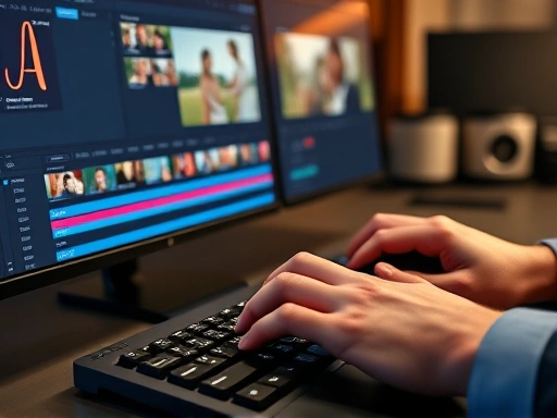 Close-up of a video editor's hands on a keyboard and mouse, working on a wedding video timeline on a dual-monitor setup, showcasing detailed editing software interface with vibrant colors.