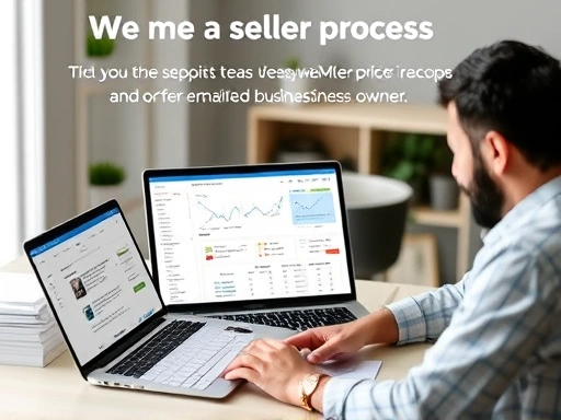 A detailed, step-by-step guide on how to become a seller on WeMakePrice, showing laptop with seller dashboard, documents, and an aspiring business owner. Focus on clarity and ease of process.