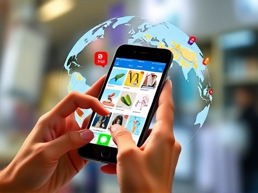 A person viewing products on a phone, with a globe overlay and diverse products, symbolizing global e-commerce and mobile shopping on Wish, bright and engaging.