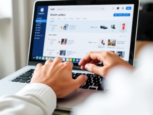 Close-up of a person's hands typing on a laptop with a Wish seller dashboard open, showing order management and product listings, clear and focused.