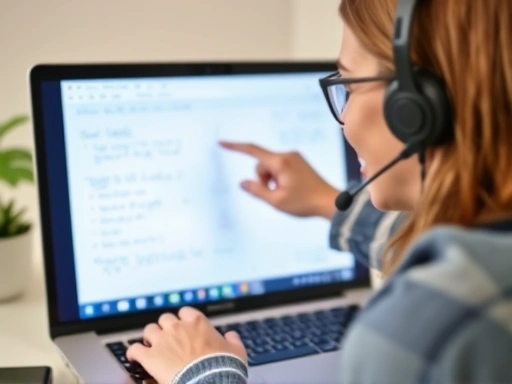 A close-up shot of an online English teacher's hand pointing at a virtual whiteboard on a laptop screen, with a clear view of their professional headset and a friendly, encouraging expression, emphasizing interaction and teaching authority.
