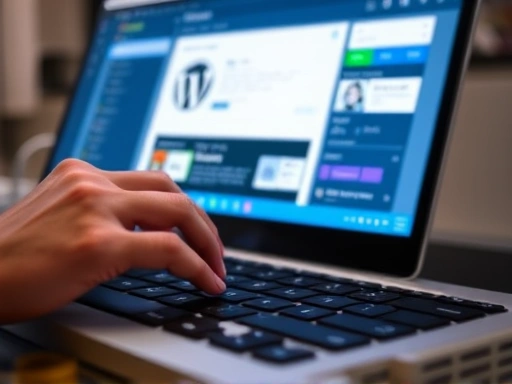 Close-up of hands typing on a keyboard, with a blurred screen showing a WordPress dashboard and a page builder interface, symbolizing the detailed work of website creation and customization.
