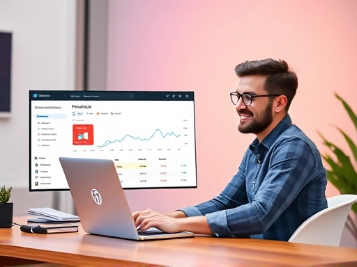 A person sitting at a desk with a laptop, looking happy while reviewing a WordPress dashboard displaying monetization statistics, showing a growth chart in the background, vibrant and modern.