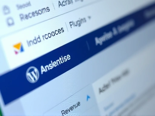Close-up of a computer screen showing a WordPress plugin interface for managing ads, with specific elements like 'AdSense', 'Analytics', and 'Revenue' clearly visible, focused and detailed.