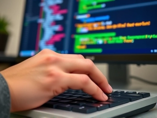 Close-up of a hand typing on a keyboard, with WordPress plugin code visible on a monitor in the background, showing attention to detail and practical development process. Emphasize focused work and code quality.