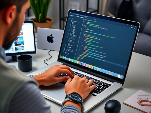 A person diligently working on a laptop, surrounded by design tools and code snippets on screen, depicting the process of creating a WordPress website for a side hustle. The scene is modern and focused on productivity.
