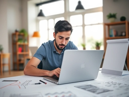 A creative designer sits in a well-lit modern office, working on a laptop with WordPress theme code visible on the screen, surrounded by design sketches, illustrating the process of WordPress theme development and sales business.