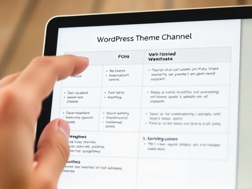 Close-up of a hand pointing at a comparison chart on a tablet, showing pros and cons of different WordPress theme sales channels, such as marketplaces versus self-hosted websites, with clear distinctions.