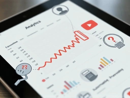 Close-up on a tablet screen showing YouTube analytics with upward trending graphs, surrounded by icons representing AI content generation, automated video editing, and scheduled posting, emphasizing data-driven passive income.