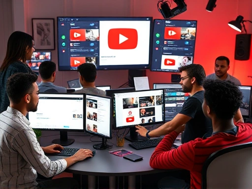 A diverse team of creators efficiently managing multiple YouTube channels with various automation tools on computer screens, demonstrating a streamlined workflow for passive income, vibrant and modern studio setting.