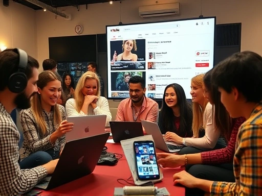 A diverse group of content creators actively engaging with their audience on laptops and smartphones, using a vibrant YouTube Community Tab interface.